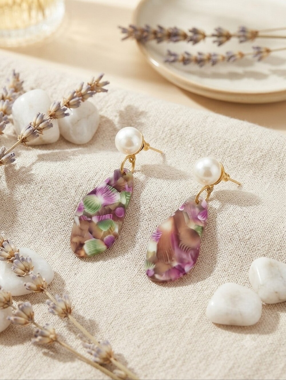 Pearl Drop Floral Resin Earrings in Purple and Green